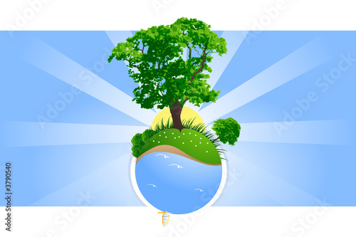 Abstract green planet with trees grass and windsurfing 