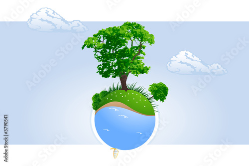 Abstract green planet with trees grass and windsurfing 