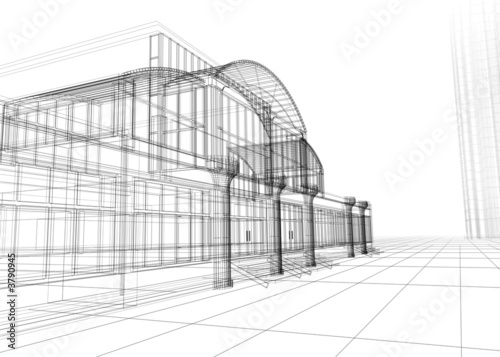 Fototapeta Naklejka Na Ścianę i Meble -  3D wireframe of office building. Concept - modern architecture