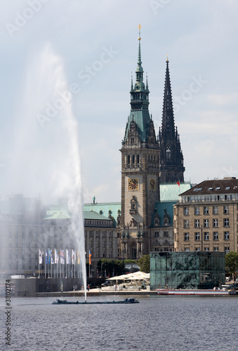 Der Hamburger Jungfernstieg mit Rathaus und Fontäne 2