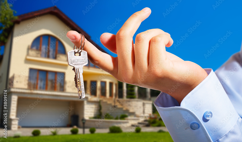 House owner/real estate agent giving away the keys - obrazy, fototapety, plakaty 