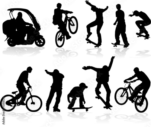 Vector silhouettes man on roller, bicycle, scooter, skateboard