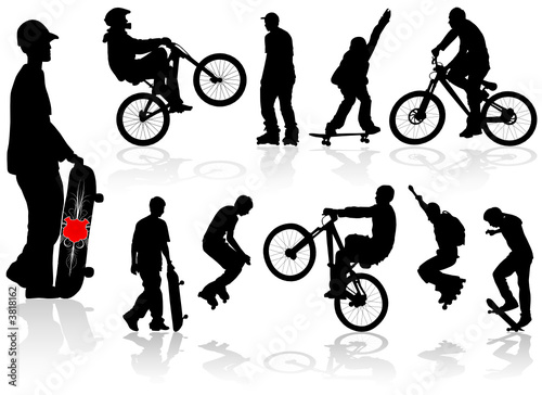 Vector extreme silhouettes man on roller, bicycle, skateboard