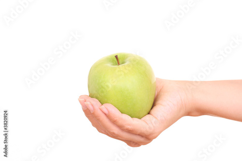 green apple in hand on white