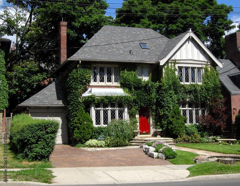 Tudor style two storey house with ivy