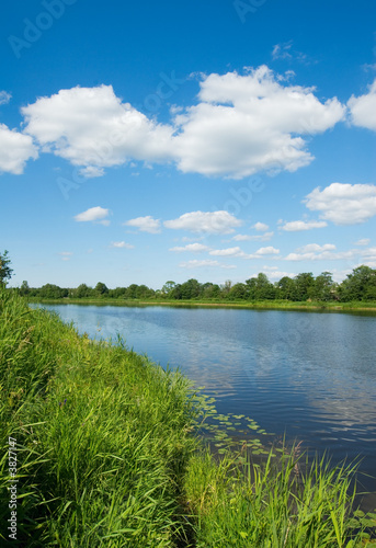 Fototapeta Naklejka Na Ścianę i Meble -  bank of the river, green grass and blue sky
