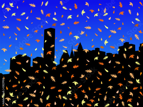 Midtown manhattan in autumn with falling leaves
