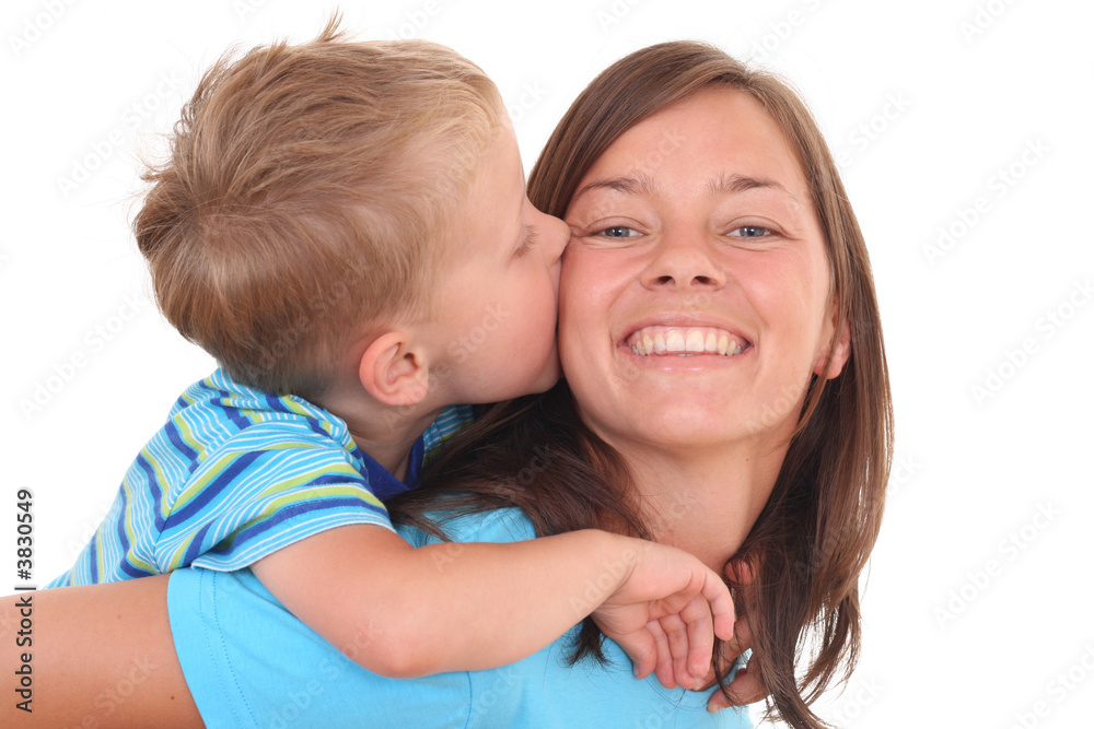 mother and son - happy together - isolated on white mother and son - happy together - isolated on white