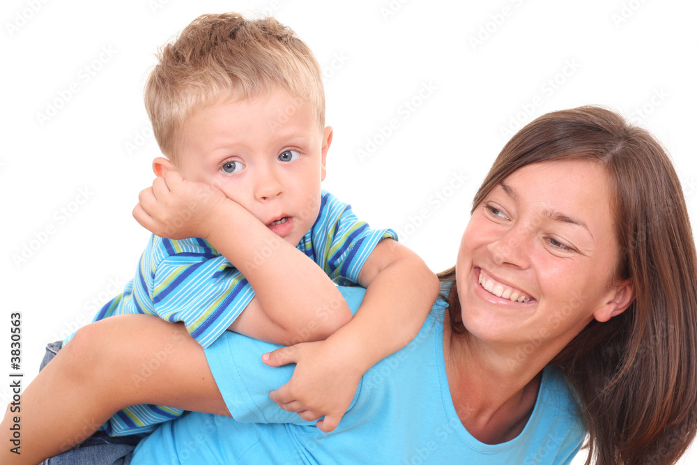 mother and son - happy together - isolated on white mother and son - happy together - isolated on white