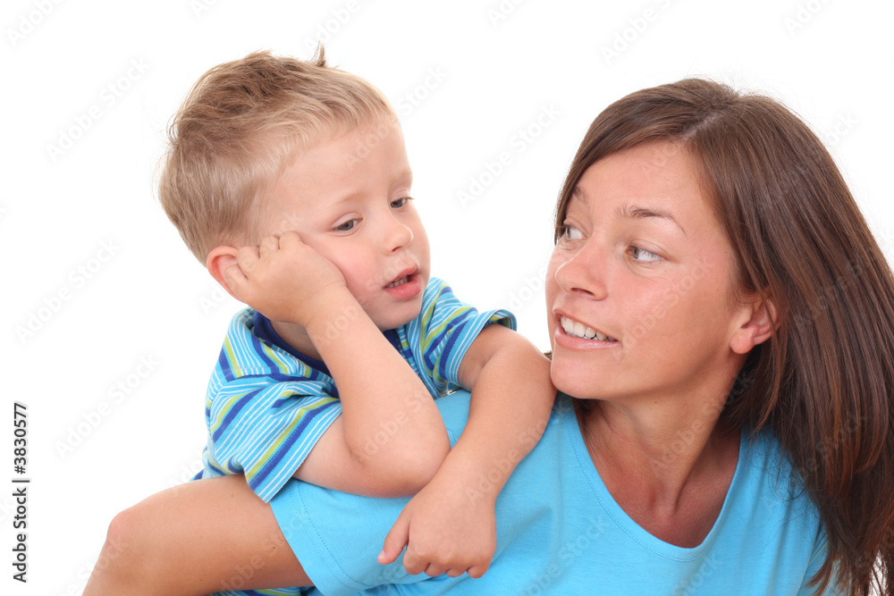 mother and son - happy together - isolated on white mother and son - happy together - isolated on white