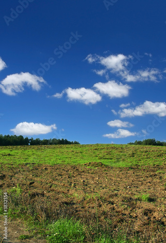ploughed pasture against beautiful sky with cumulus clouds