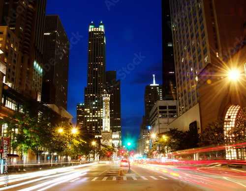 Michigan Ave in downtown Chicago at night.
