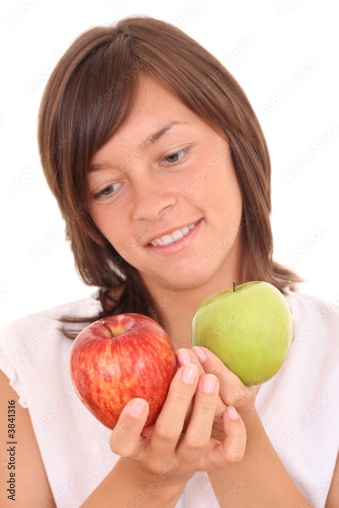 young beautiful woman with fresh apples isolated on white young beautiful woman with fresh apples isolated on white
