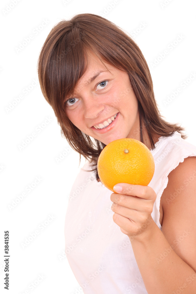 young beautiful woman with fresh orange isolated on white young beautiful woman with fresh orange isolated on white
