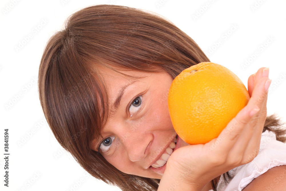 young beautiful woman with fresh orange isolated on white young beautiful woman with fresh orange isolated on white