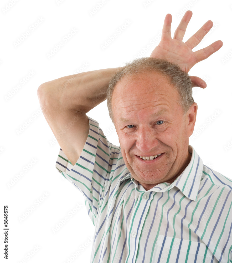 Fototapeta premium Aged man fooling about. White background