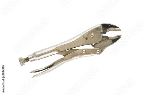 A well used pair of locking pliers on a white background