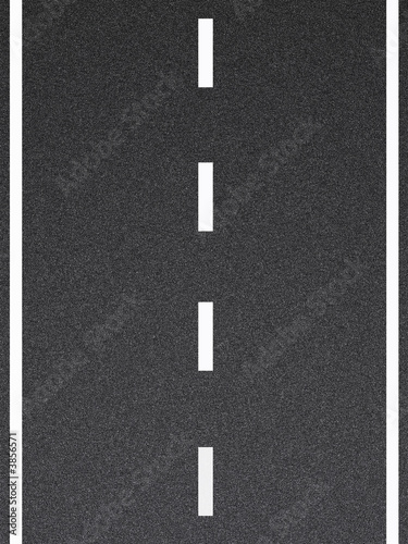 Computer generated road with white lines and asphalt texture.