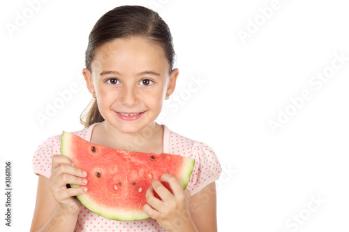 adorable girl eating watermelon a over white background