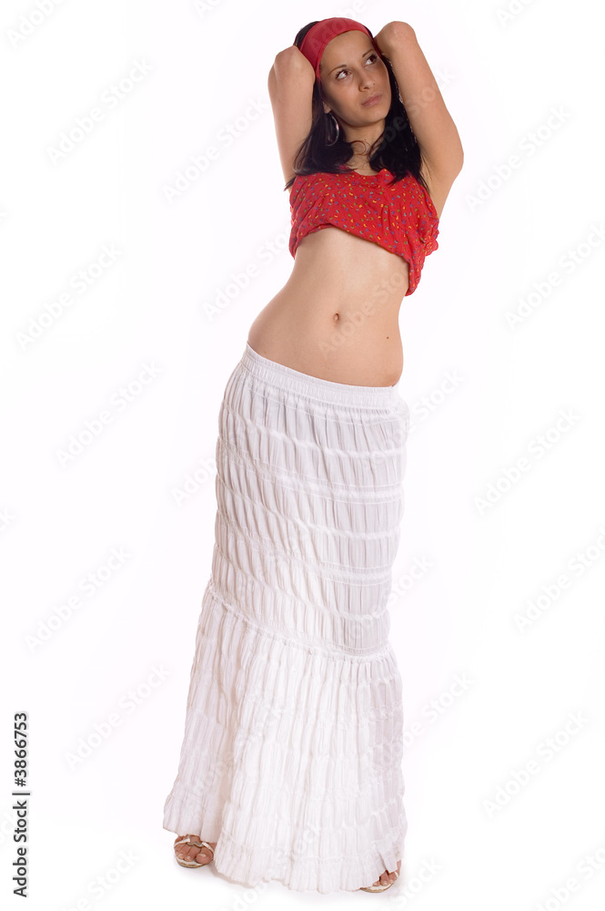 Sexy brunette woman performance in long white dress Sexy brunette woman performance in long white dress