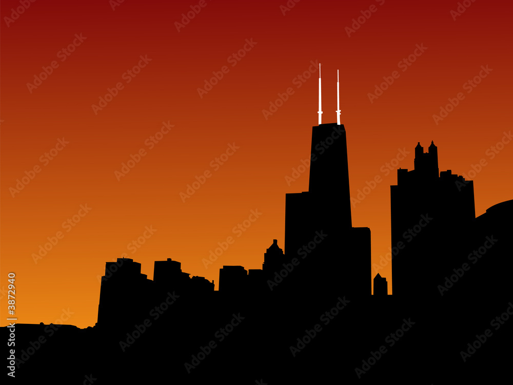 Chicago skyline at sunset including John Hancock tower