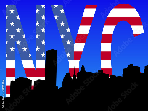 Midtown Manhattan skyline against American flag text