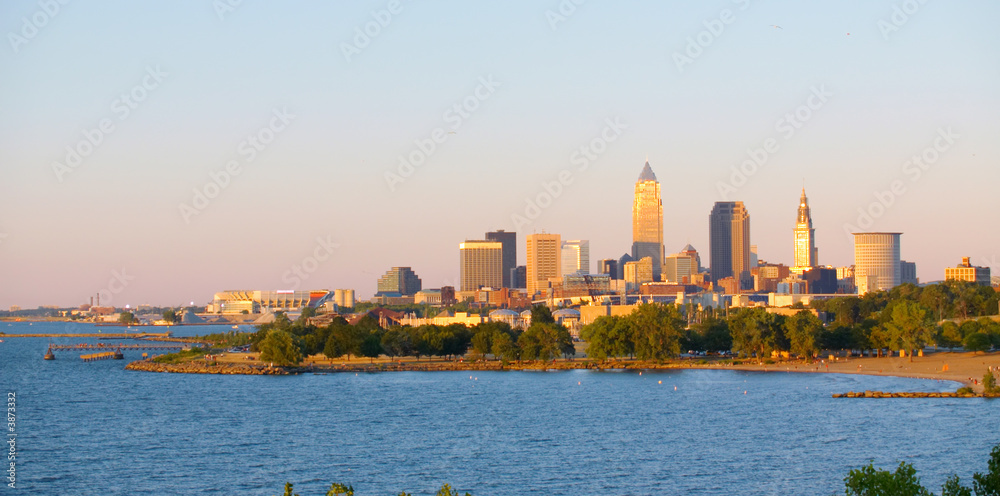 Cleveland, Ohio, lit by the setting sun