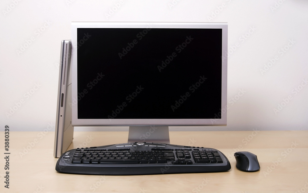 Computer in office with calendar and mobile. Black screen Computer in office with calendar and mobile. Black screen