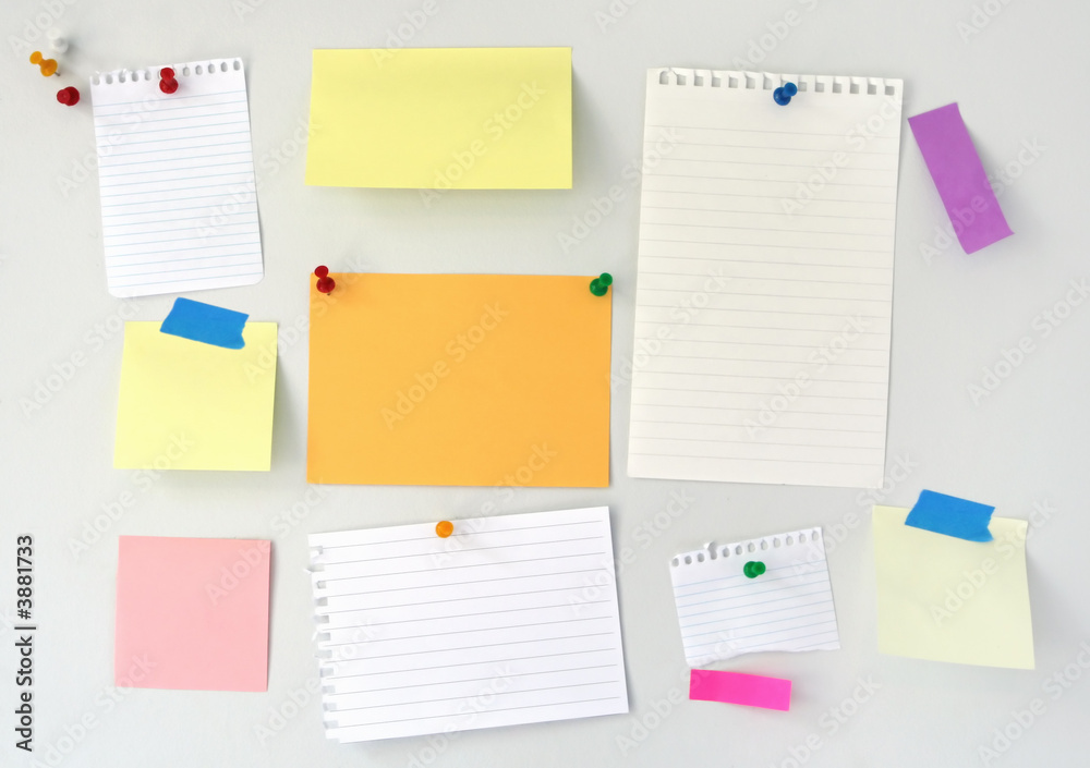 Noticeboard with blank notepaper, sticky notes, push pins. Noticeboard with blank notepaper, sticky notes, push pins.
