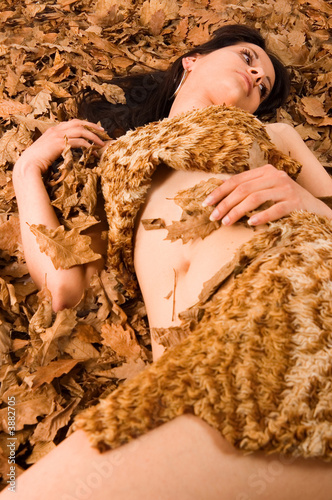 Sexy female in bikini of leopard fur shape lying on drily leaves