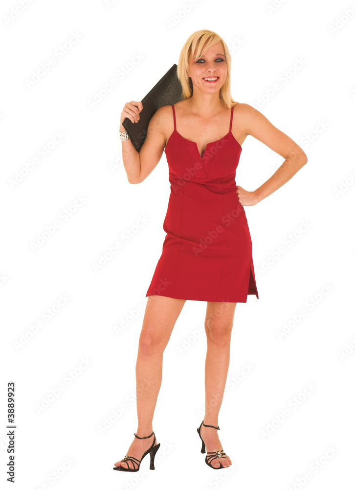 Blond businesswoman in red dress with black leather folder Blond businesswoman in red dress with black leather folder