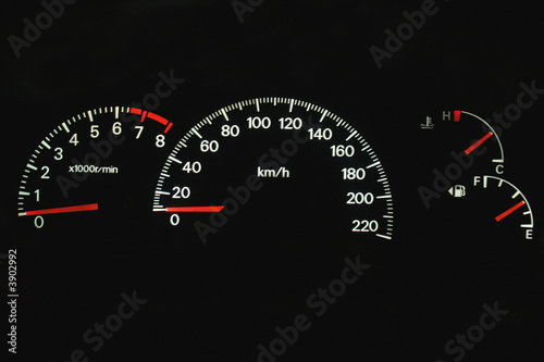 car dashboard with speedometer, temperature and gas gauge