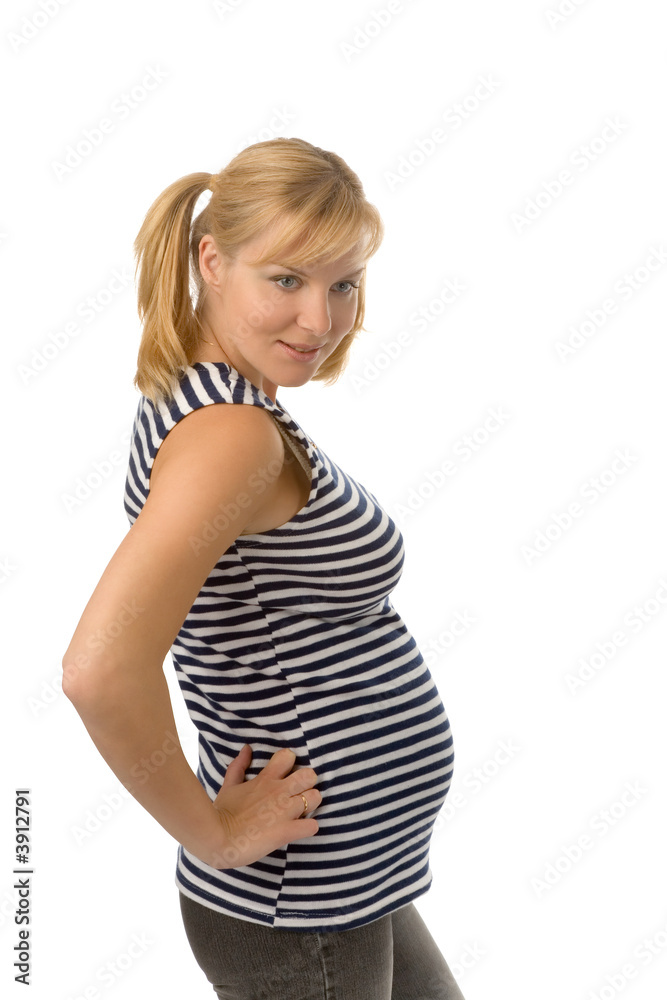 the pregnant women in striped vest on white background the pregnant women in striped vest on white background