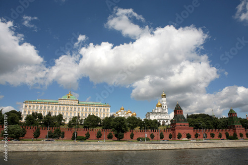 Kremlin wall and blue Moskva river, Moscow, Russia