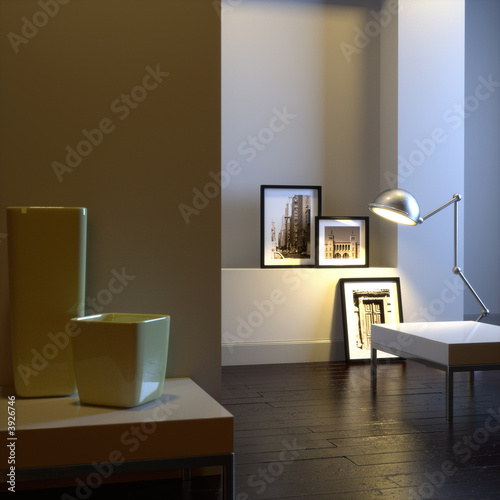 Modern interior with chrome lamp and frames