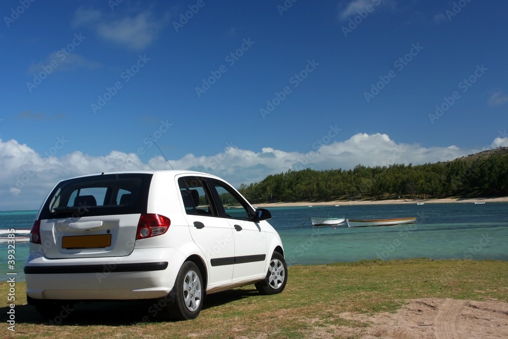 White small car on green grass by the beach