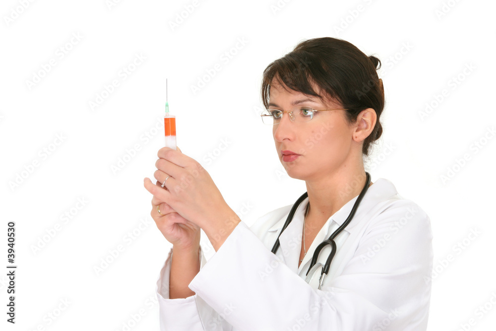 Nurse or doctor holding syringe. Isolated on white. Nurse or doctor holding syringe. Isolated on white.