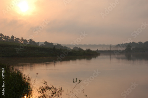 lake sunrise in fog