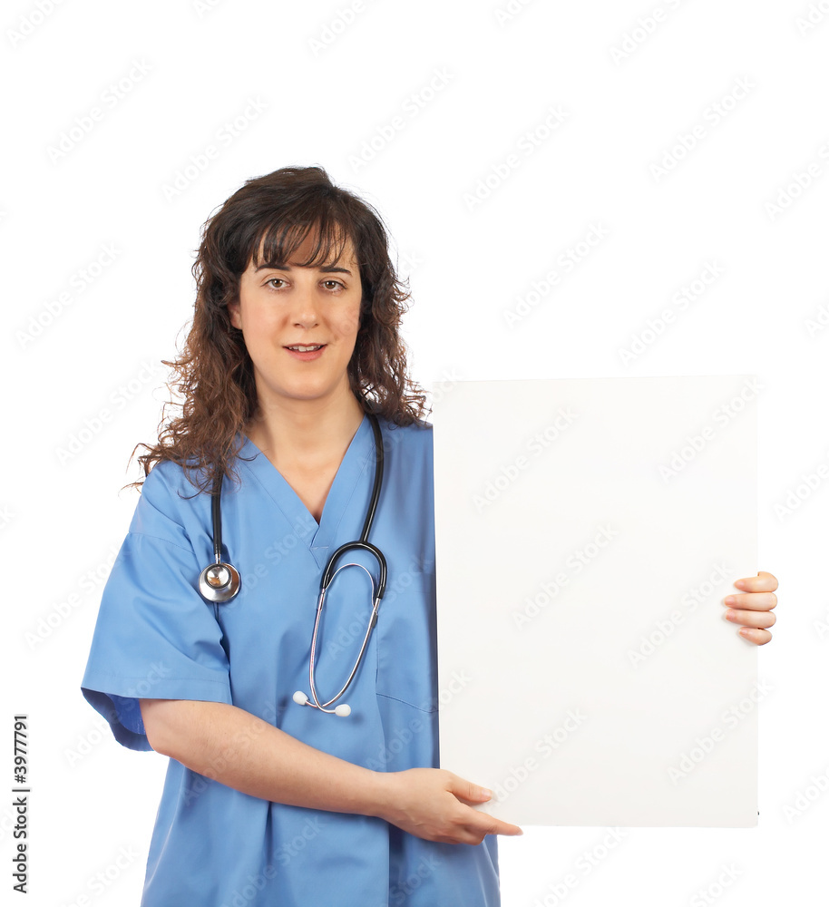 Female doctor holding the blank placard Female doctor holding the blank placard