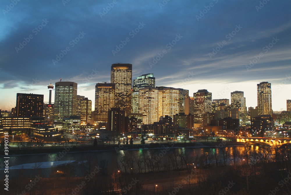 Downtown Calgary city lights at dusk