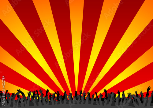 Concert crowd with arms up over colorful background