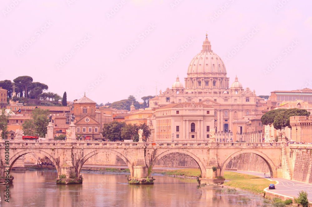 St. Peter's Basilica and a bridge on Tiber River, Rome