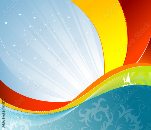Wave background with windsurfing, vector illustration