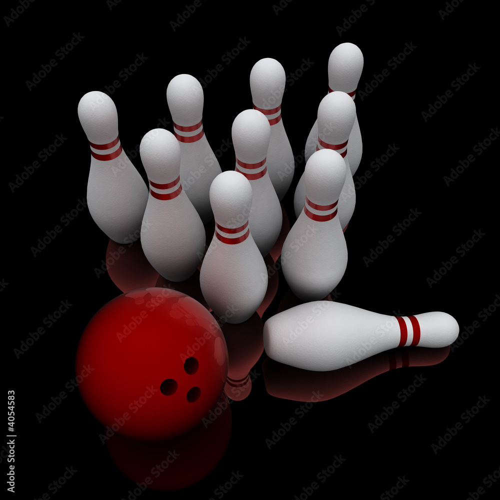 Bowling ball and pins on black Bowling ball and pins on black