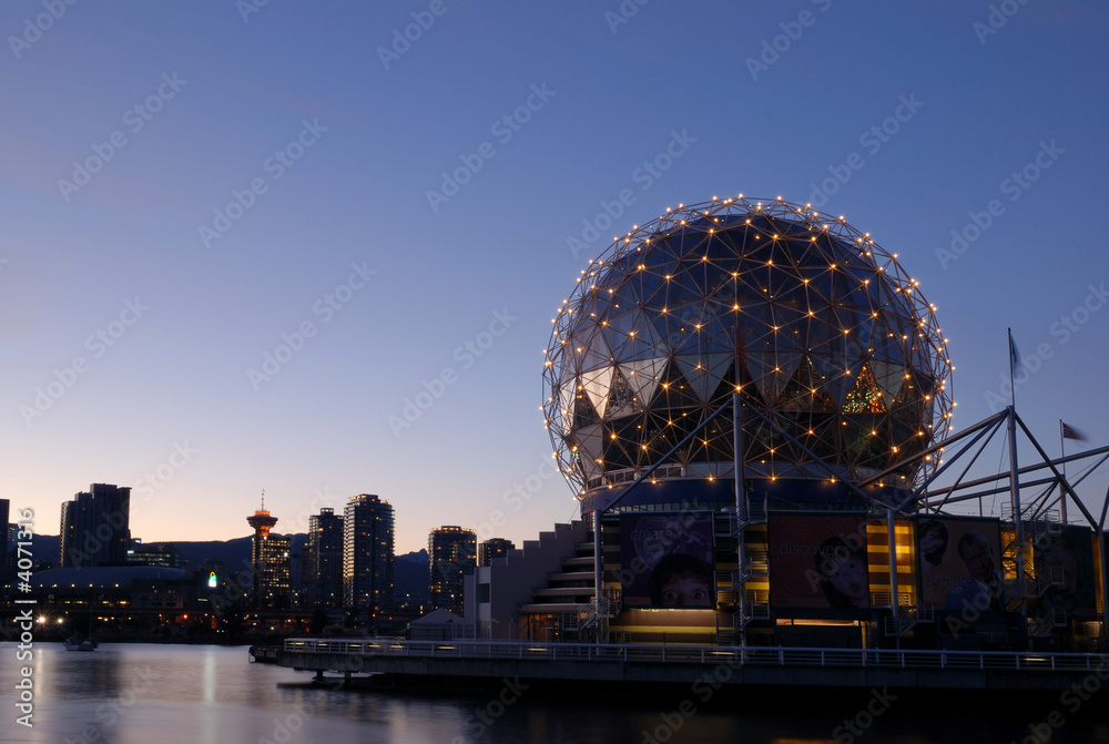 geodesic dome of science world, vancouver night scene