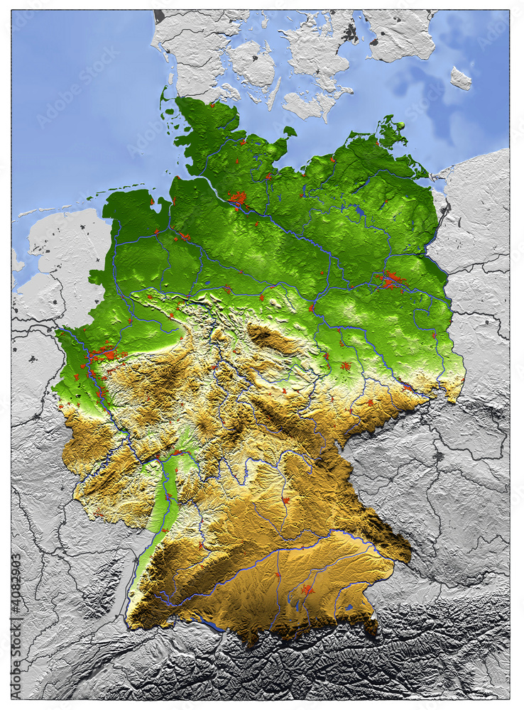 Naklejka premium 3D Reliefkarte von Deutschland