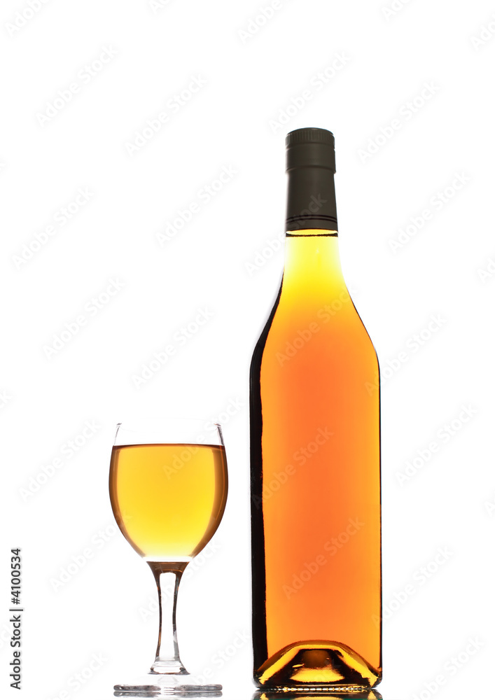 bottle and glass of wine isolated on white