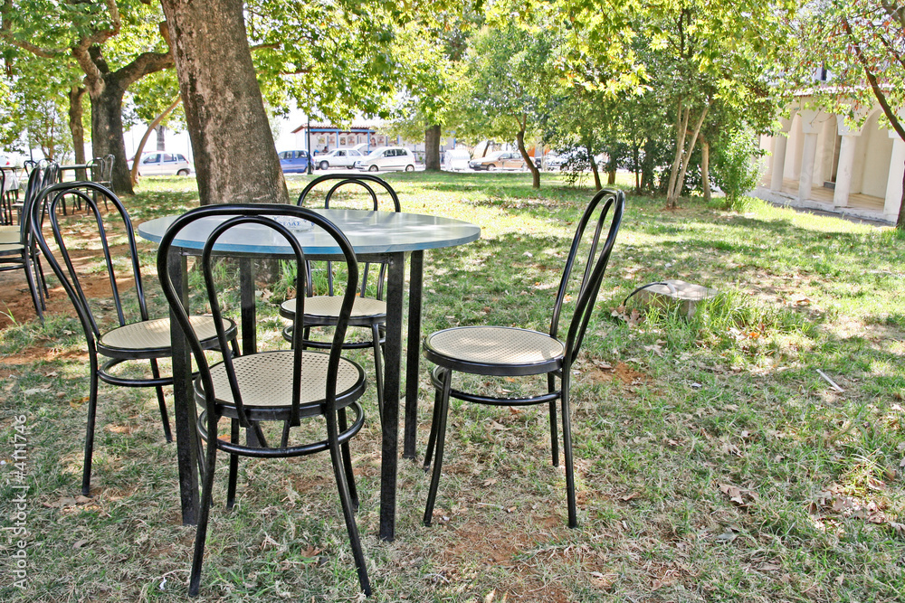 Table and Chairs Under the Trees