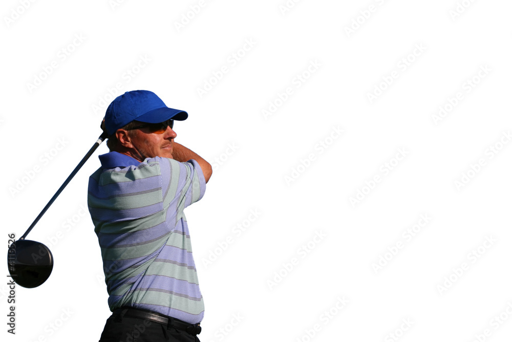 Close up of golfer teeing off on isolated white Close up of golfer teeing off on isolated white