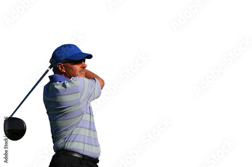Close up of golfer teeing off on isolated white